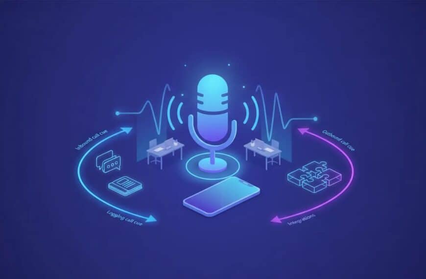 Illustration of an AI voice assistant handling inbound and outbound business calls, with call routing and connected tools shown through glowing waveform and hub visual elements.