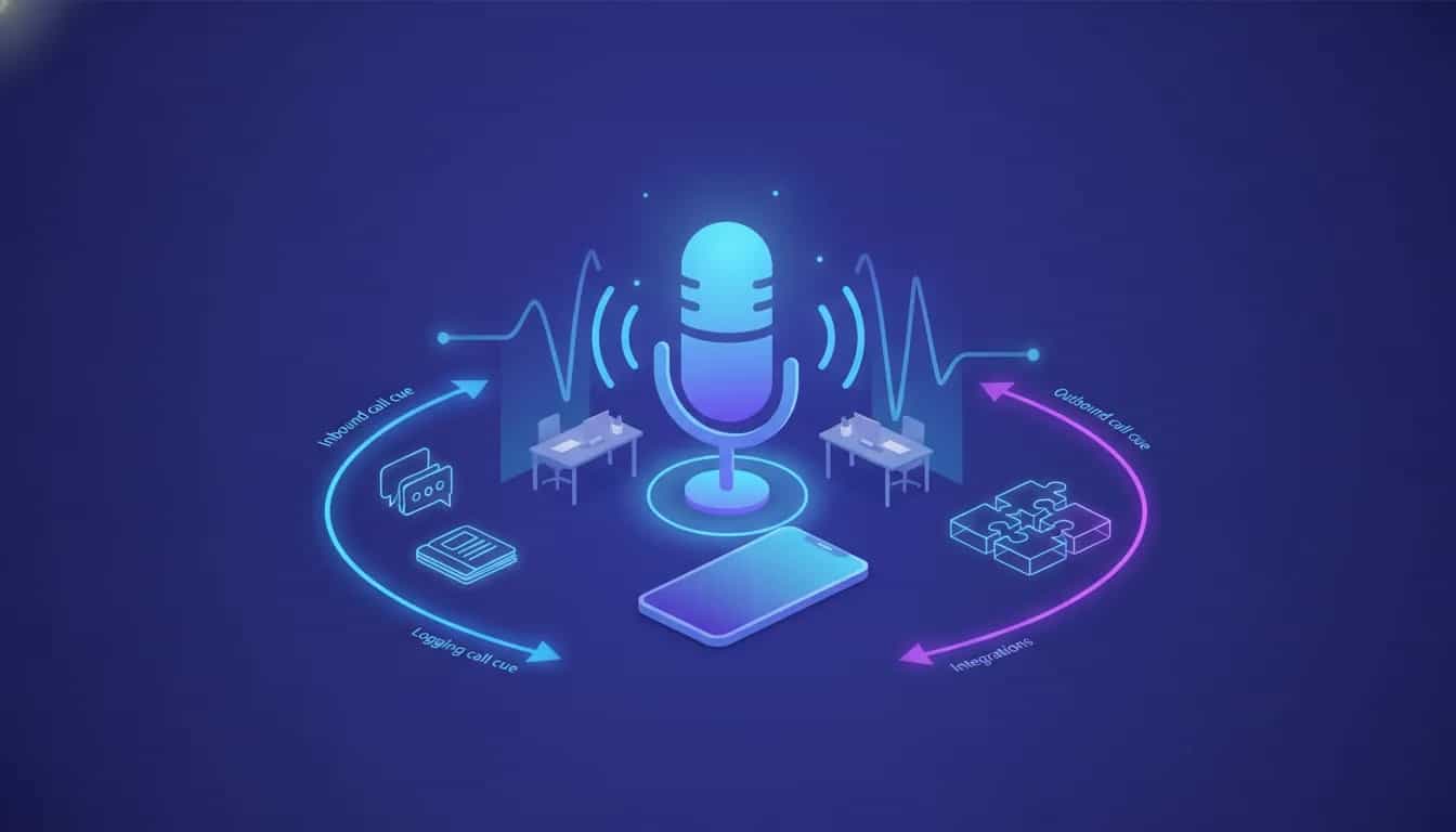 Illustration of an AI voice assistant handling inbound and outbound business calls, with call routing and connected tools shown through glowing waveform and hub visual elements.