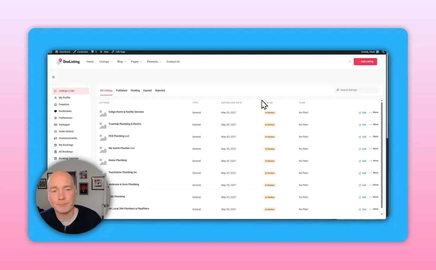 User dashboard table showing listings and account navigation