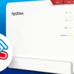 A white Fritz!Box router with indicator lights, set against a blue background, and an icon of two test tubes in the lower left corner.