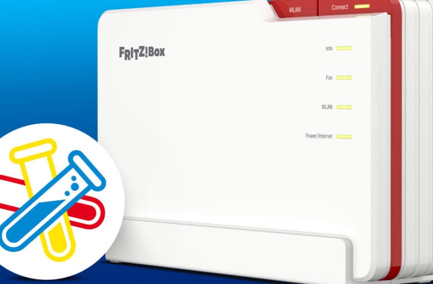 A white Fritz!Box router with indicator lights, set against a blue background, and an icon of two test tubes in the lower left corner.
