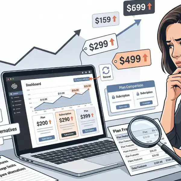 A woman reviews rising subscription prices on a laptop, comparing plans with a magnifying glass, surrounded by notes, charts, and plan renewal reminders.