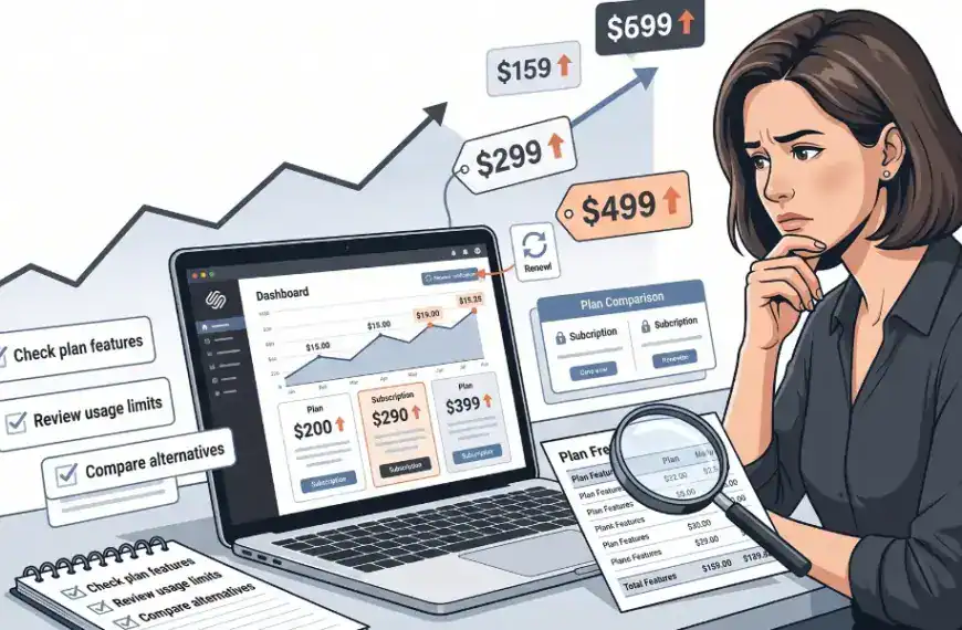 A woman reviews rising subscription prices on a laptop, comparing plans with a magnifying glass, surrounded by notes, charts, and plan renewal reminders.