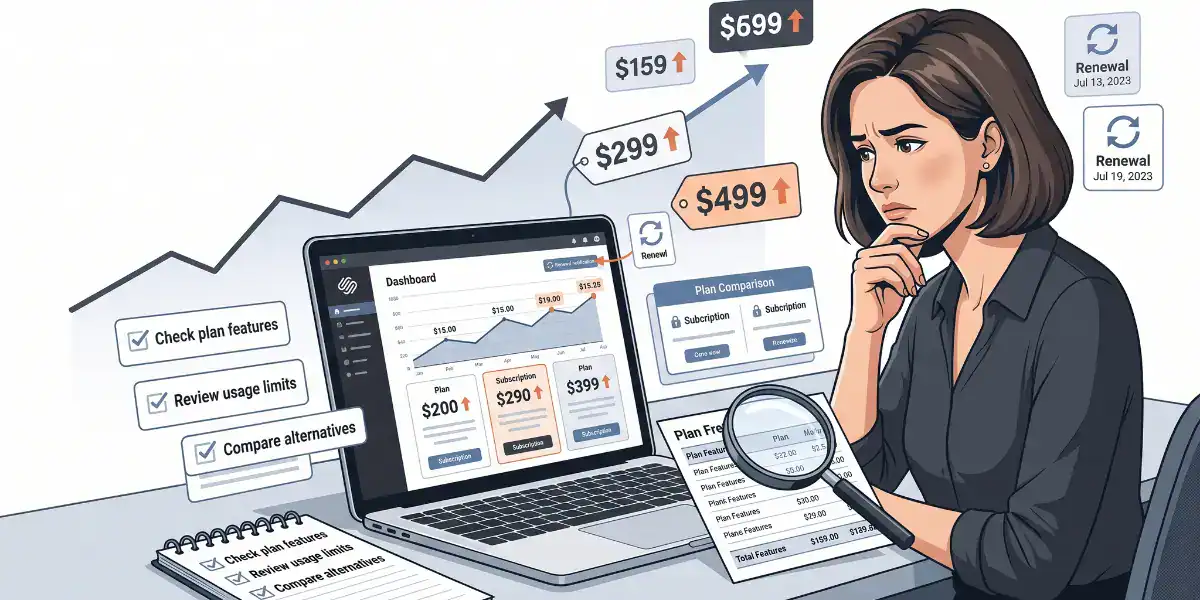 A woman reviews rising subscription prices on a laptop, comparing plans with a magnifying glass, surrounded by notes, charts, and plan renewal reminders.