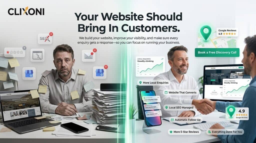 Split image shows a stressed man at a cluttered desk on the left and a relaxed man at a tidy desk on the right, highlighting the benefits of a website service.