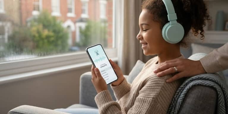 A girl wearing teal headphones sits on a sofa, smiling at a mobile phone screen while an adult's hand rests on her shoulder.