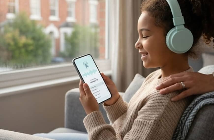 A girl wearing teal headphones sits on a sofa, smiling at a mobile phone screen while an adult's hand rests on her shoulder.