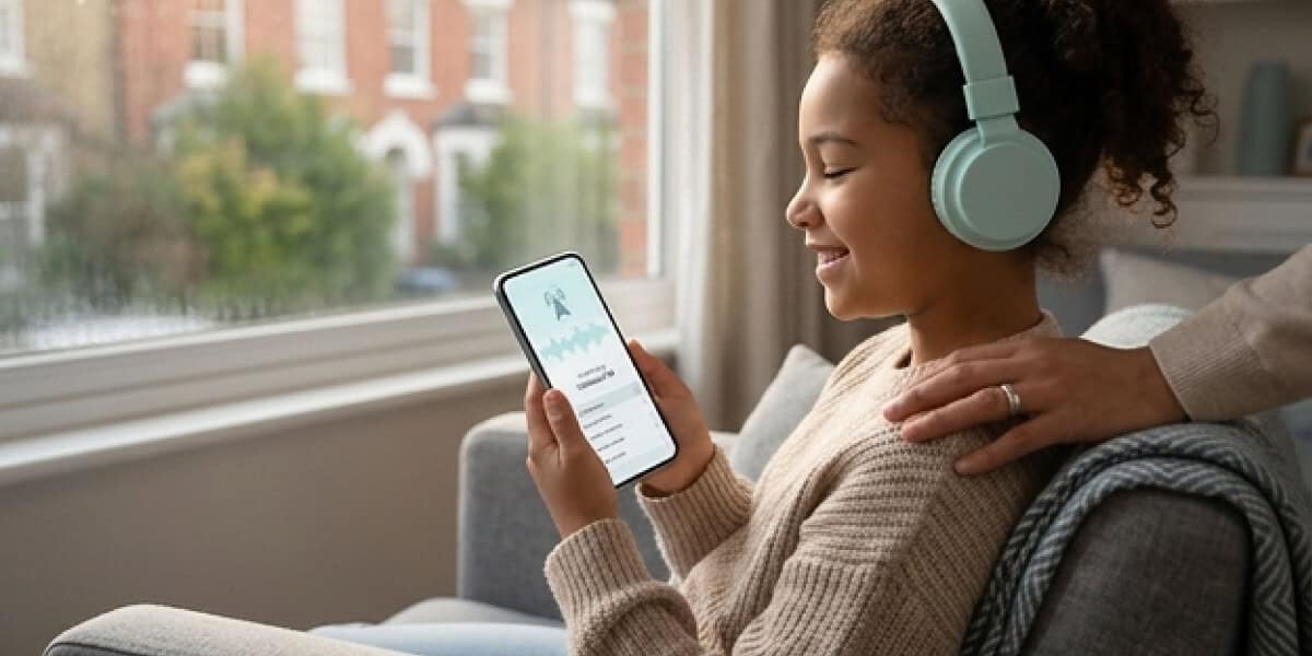 A girl wearing teal headphones sits on a sofa, smiling at a mobile phone screen while an adult's hand rests on her shoulder.