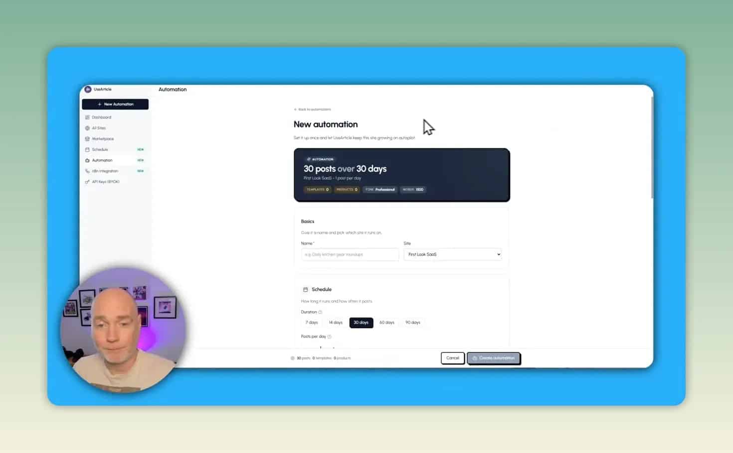 New automation setup page with scheduling and content options
