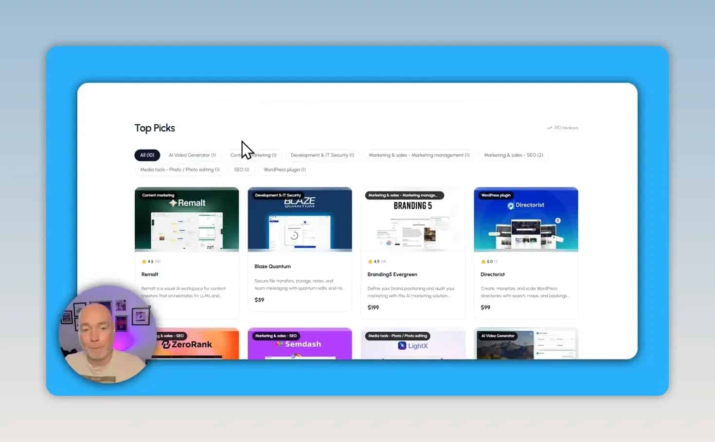 Affiliate website homepage with top picks and product cards