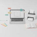Illustration of an AI-assisted KDP coloring book creation workflow with a laptop, coloring tools, and book mockups, shown with no text.