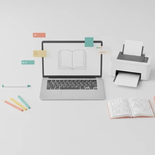 Illustration of an AI-assisted KDP coloring book creation workflow with a laptop, coloring tools, and book mockups, shown with no text.