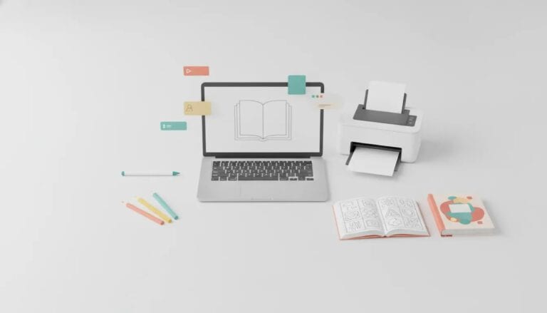 Illustration of an AI-assisted KDP coloring book creation workflow with a laptop, coloring tools, and book mockups, shown with no text.