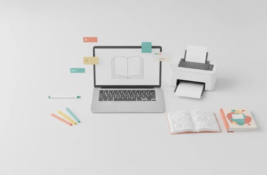Illustration of an AI-assisted KDP coloring book creation workflow with a laptop, coloring tools, and book mockups, shown with no text.