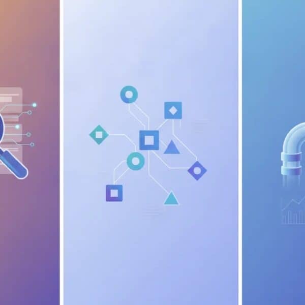 Illustration symbolizing an AI brand intelligence platform that scans a website, connects audience insights, and transforms research into content assets without any text.
