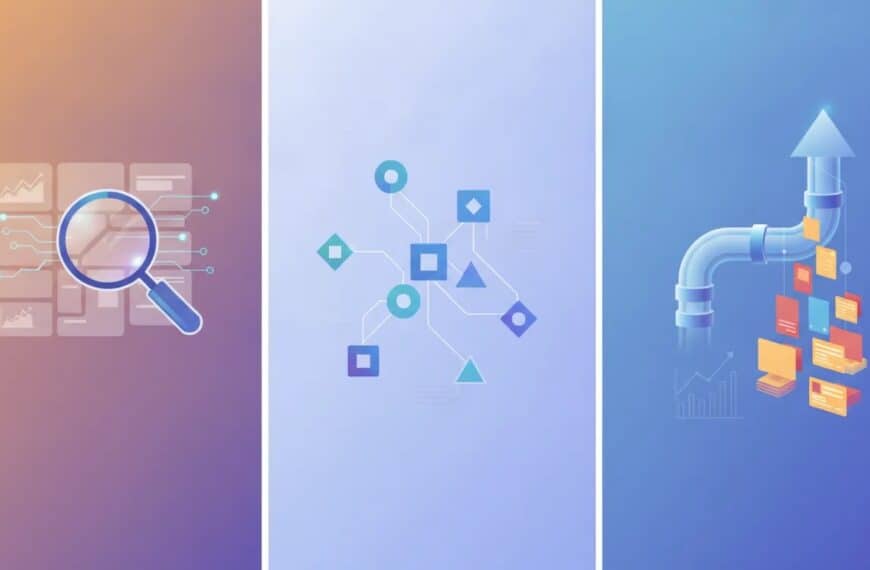 Illustration symbolizing an AI brand intelligence platform that scans a website, connects audience insights, and transforms research into content assets without any text.