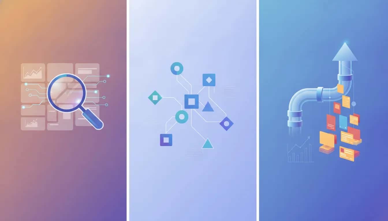 Illustration symbolizing an AI brand intelligence platform that scans a website, connects audience insights, and transforms research into content assets without any text.