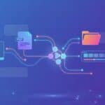 Illustration of AI converting a website or document into an animated video using connected nodes and a futuristic video timeline, with no text.