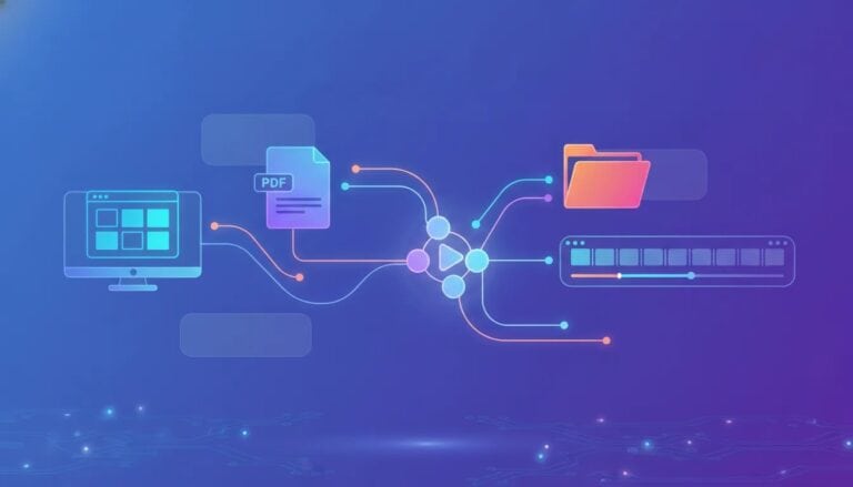 Illustration of AI converting a website or document into an animated video using connected nodes and a futuristic video timeline, with no text.