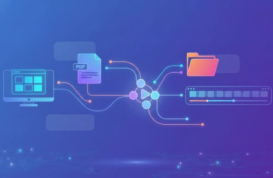 Illustration of AI converting a website or document into an animated video using connected nodes and a futuristic video timeline, with no text.