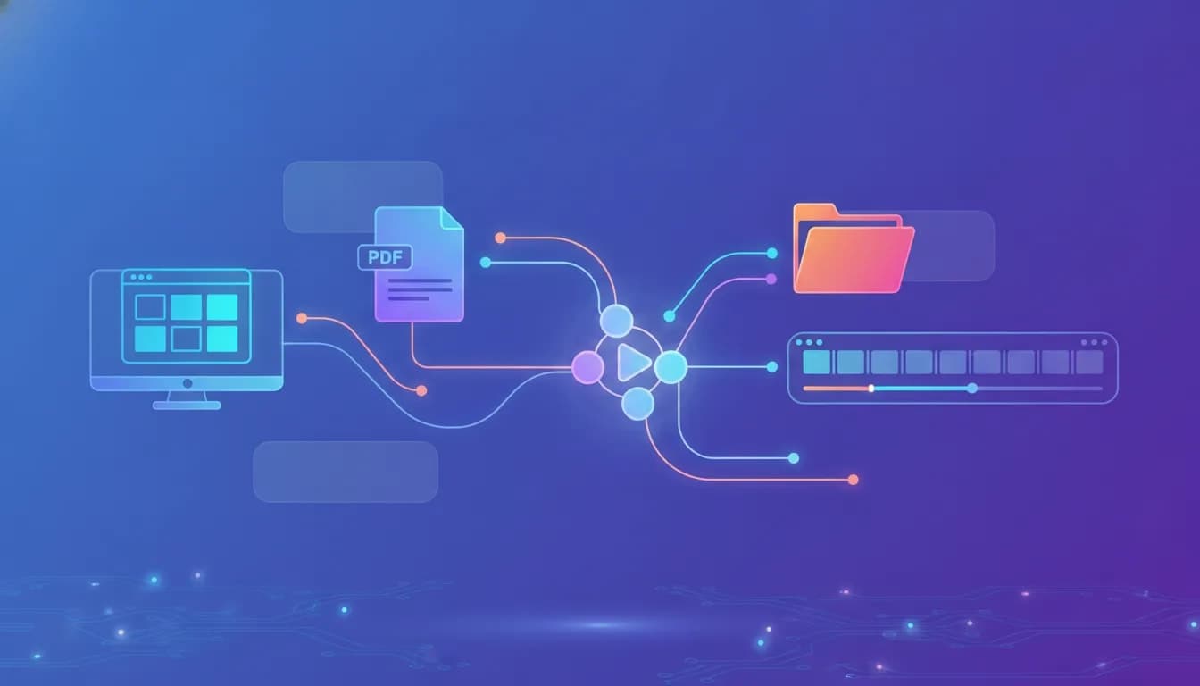 Illustration of AI converting a website or document into an animated video using connected nodes and a futuristic video timeline, with no text.