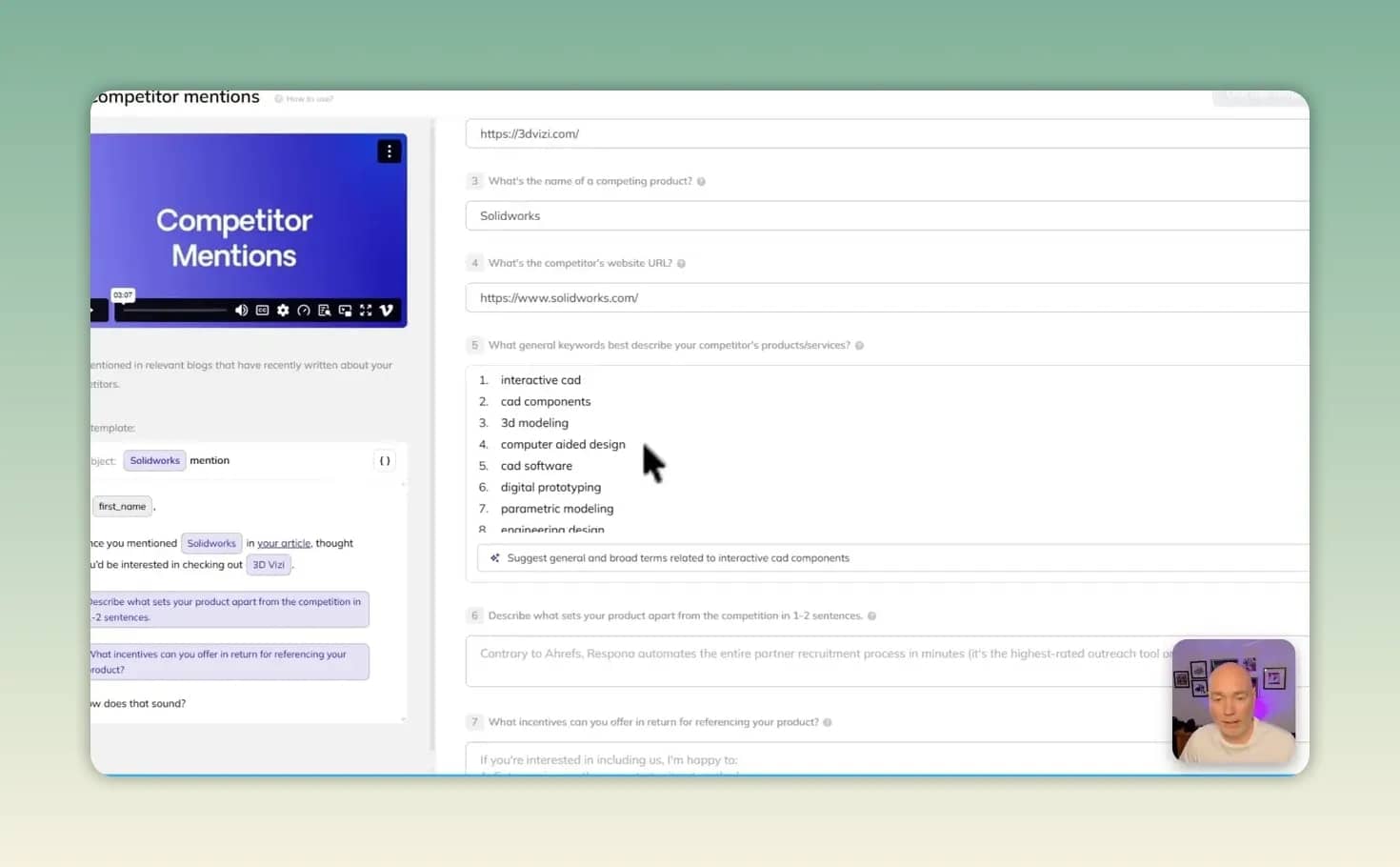 Competitor mentions setup screen showing a keyword list generated inside the campaign form