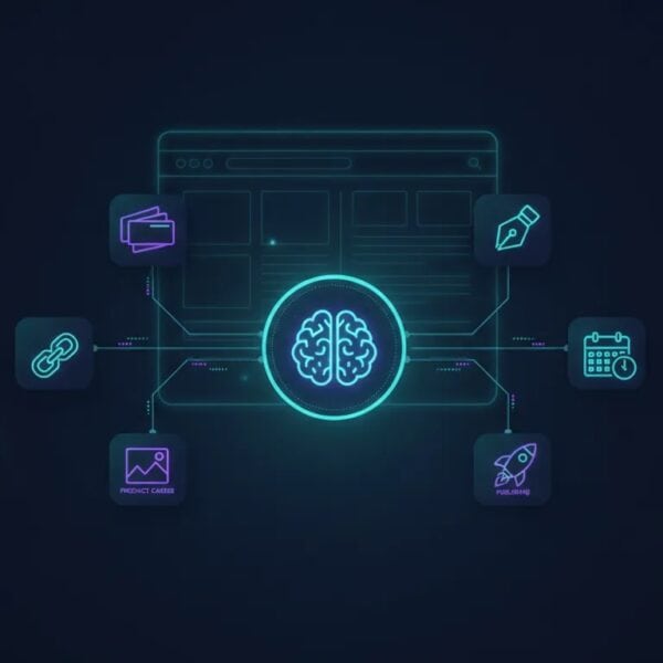 AI-powered affiliate website builder illustration showing product review, affiliate links, and automated publishing modules connected to an AI dashboard.