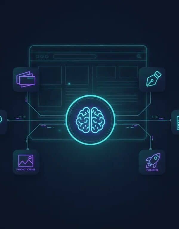 AI-powered affiliate website builder illustration showing product review, affiliate links, and automated publishing modules connected to an AI dashboard.