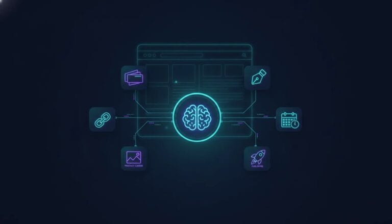 AI-powered affiliate website builder illustration showing product review, affiliate links, and automated publishing modules connected to an AI dashboard.