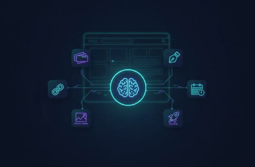 AI-powered affiliate website builder illustration showing product review, affiliate links, and automated publishing modules connected to an AI dashboard.