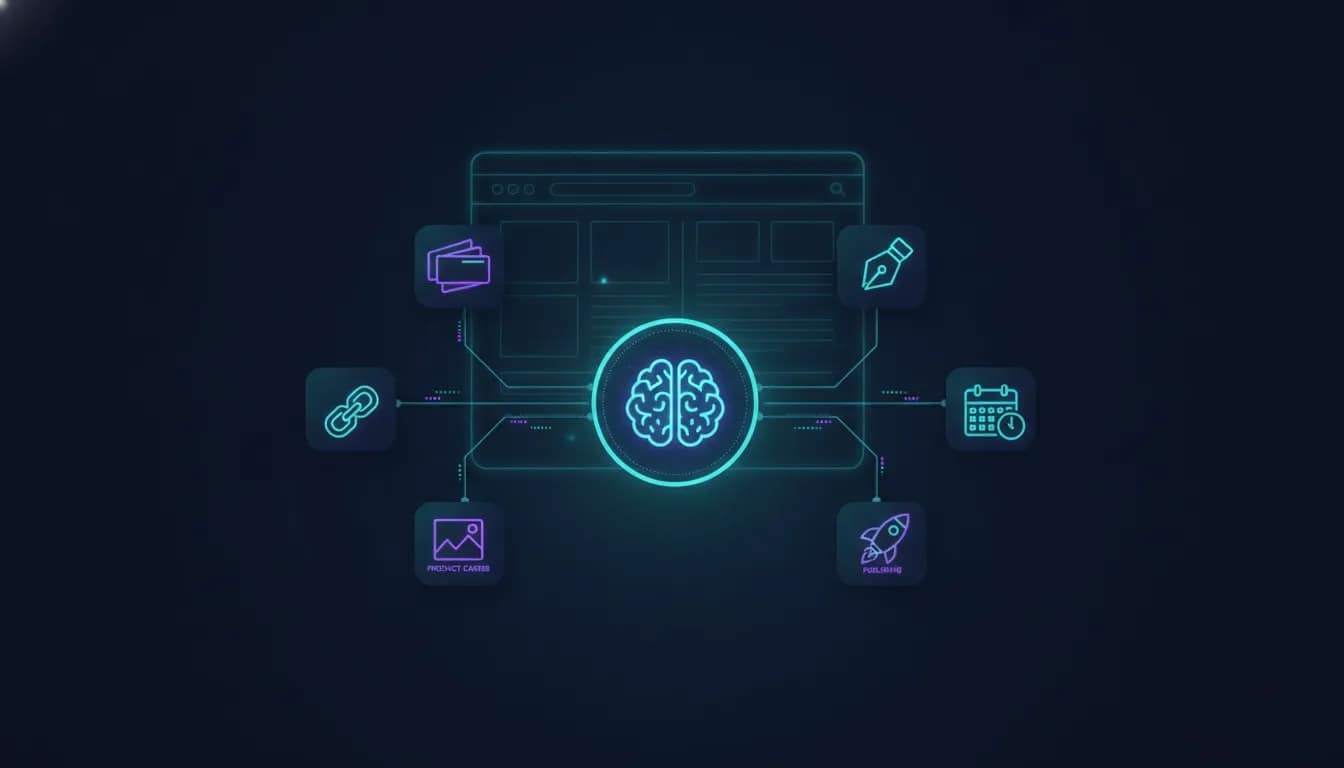 AI-powered affiliate website builder illustration showing product review, affiliate links, and automated publishing modules connected to an AI dashboard.