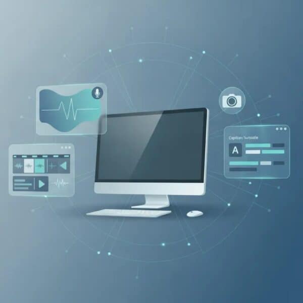 All-in-one desktop video creation concept showing screen recording, timeline editing, captions, audio waveform, and AI-assisted workflow on a laptop interface with no text.