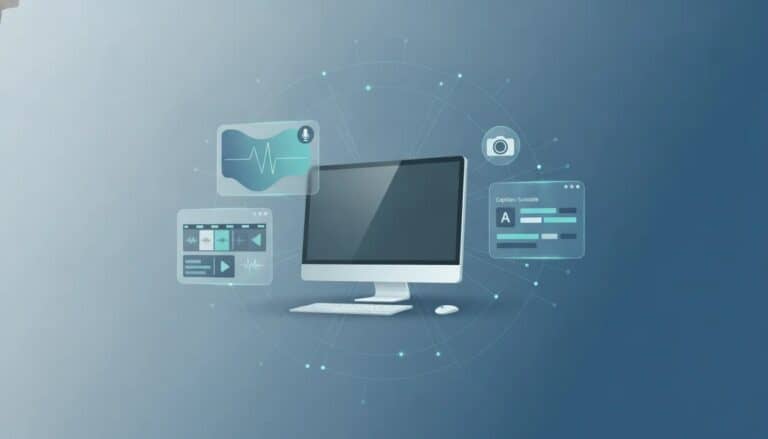All-in-one desktop video creation concept showing screen recording, timeline editing, captions, audio waveform, and AI-assisted workflow on a laptop interface with no text.