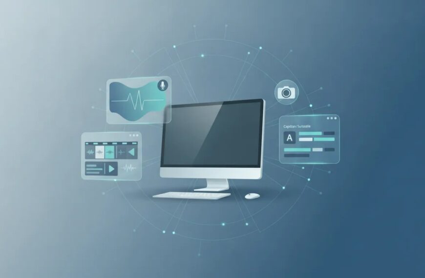 All-in-one desktop video creation concept showing screen recording, timeline editing, captions, audio waveform, and AI-assisted workflow on a laptop interface with no text.