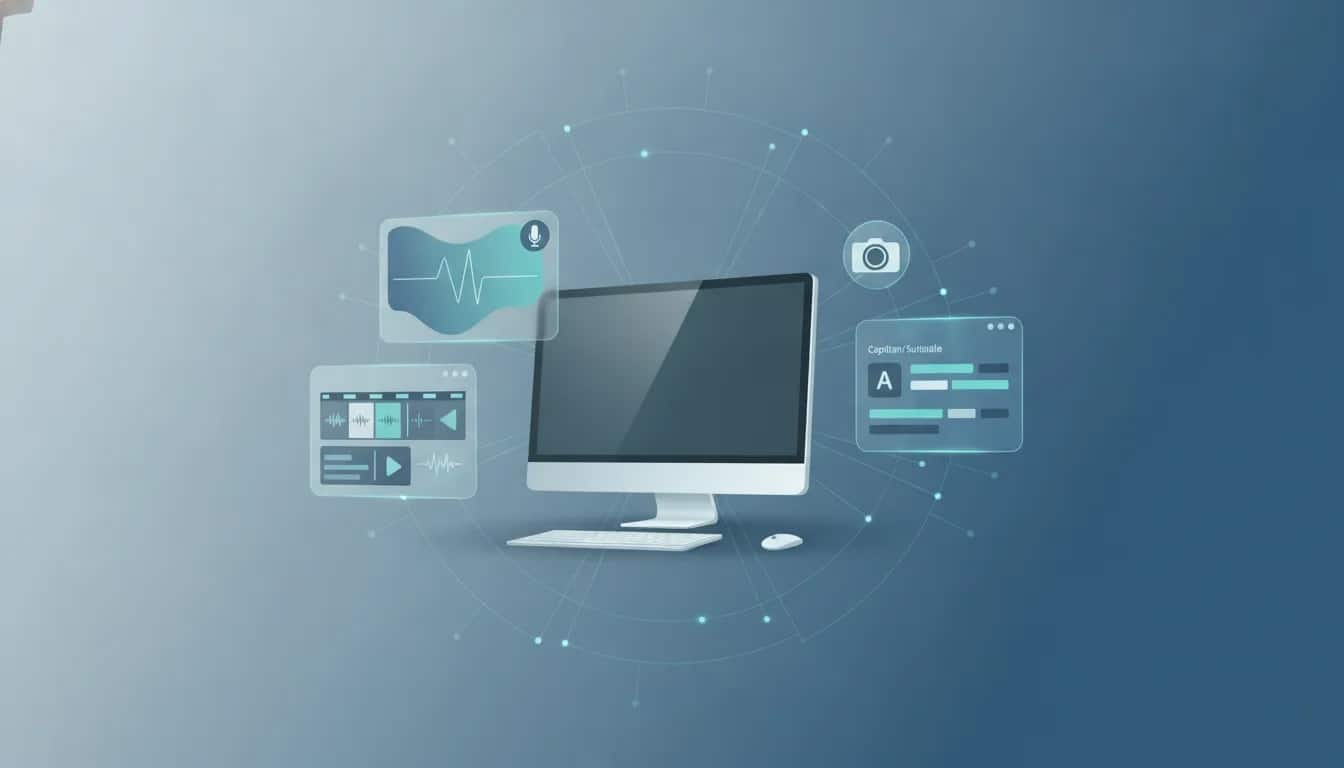 All-in-one desktop video creation concept showing screen recording, timeline editing, captions, audio waveform, and AI-assisted workflow on a laptop interface with no text.