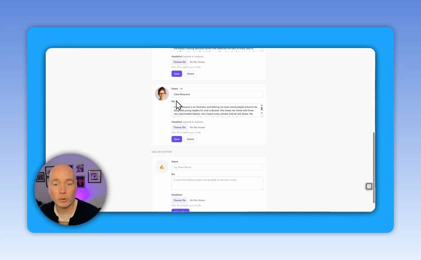Book project form showing author profile and theme fields in Book Masher