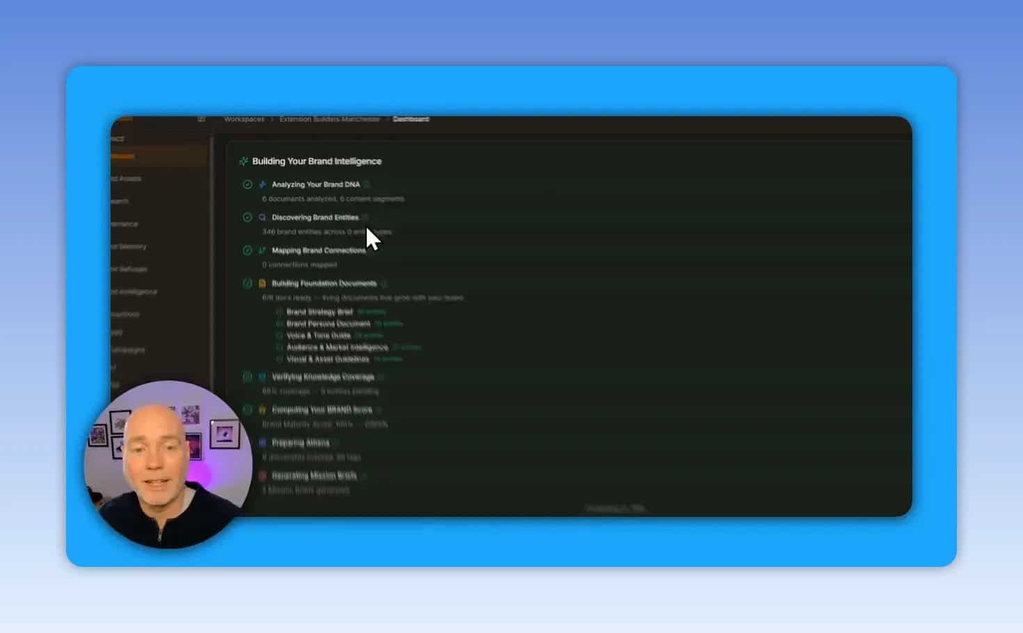 Interface showing brand intelligence build steps and analysis progress items