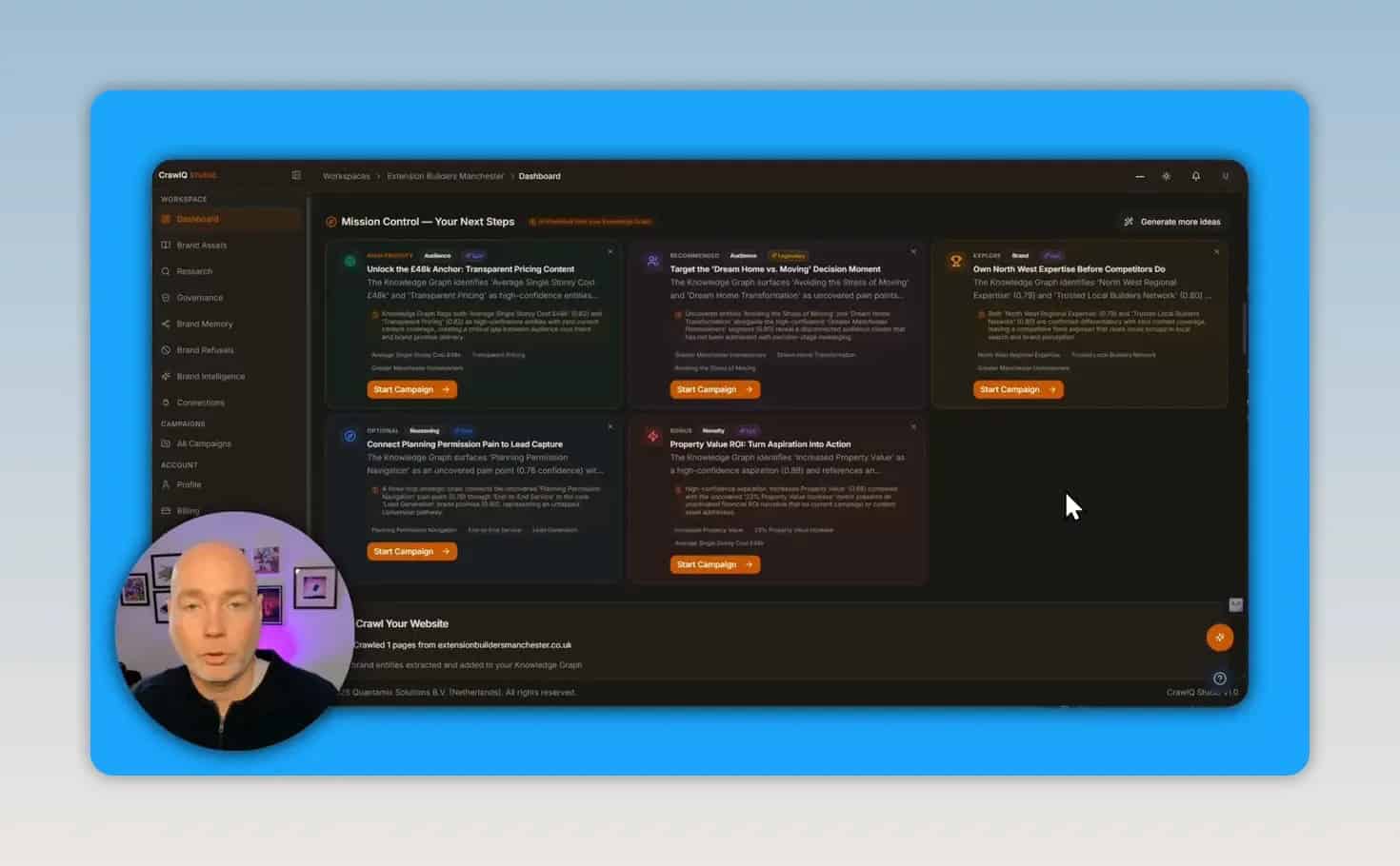 Campaign dashboard with multiple suggested content and strategy cards and orange action buttons