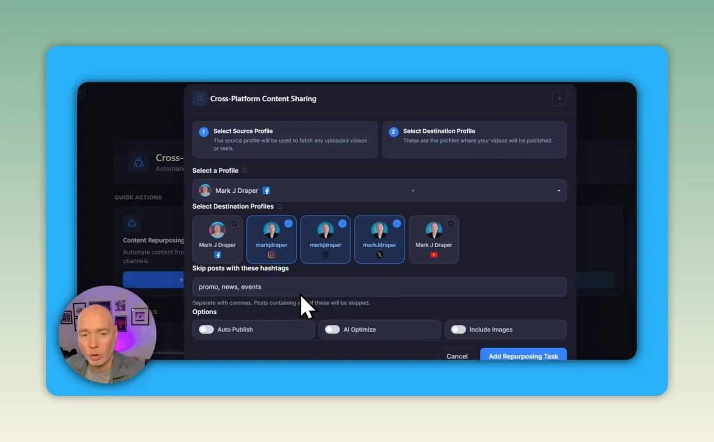 Content distribution settings with source and destination social profiles