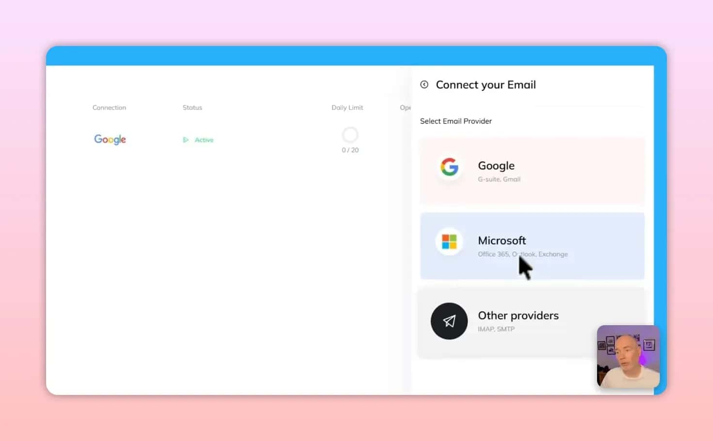 Connect your email panel with Google Microsoft and other providers options