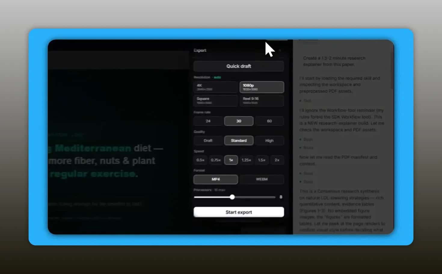 Export settings panel with resolution format frame rate quality speed and start export button