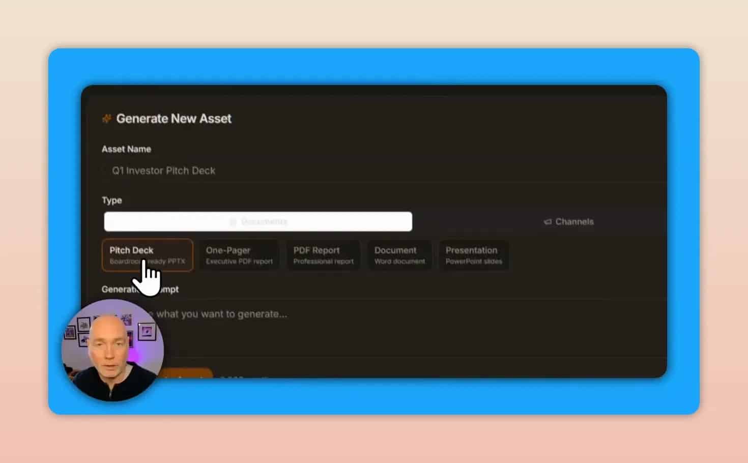 Generate new asset form with asset type options and input fields for title and prompt details