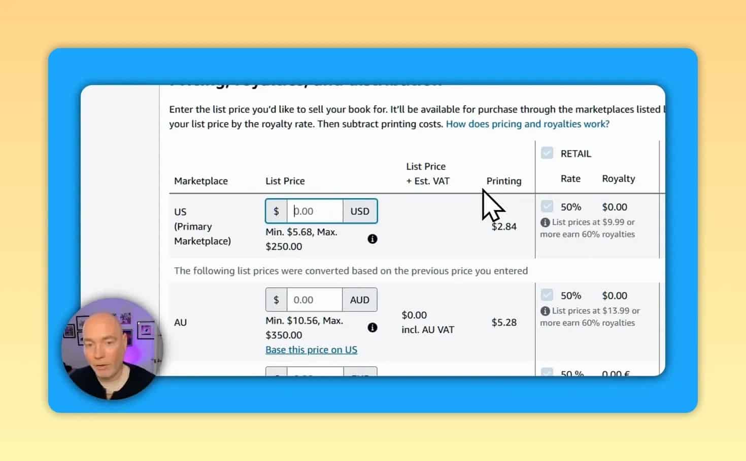 KDP pricing royalties and distribution table showing price and royalty values