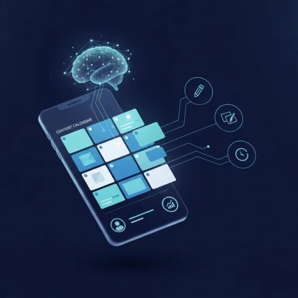 Illustration of an AI-powered LinkedIn content planning workspace with a calendar, draft cards, and analytics indicators