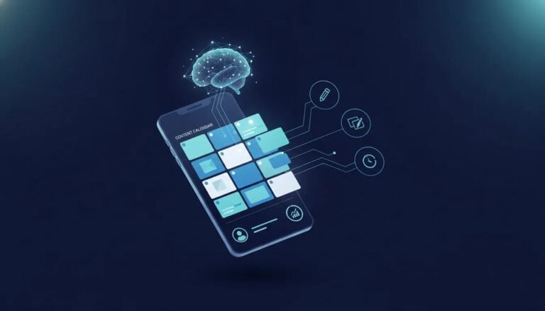Illustration of an AI-powered LinkedIn content planning workspace with a calendar, draft cards, and analytics indicators
