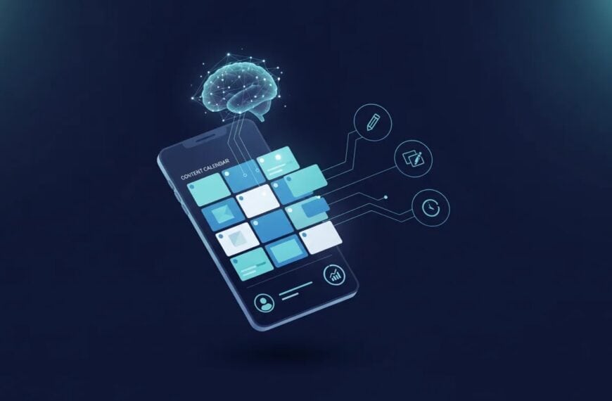 Illustration of an AI-powered LinkedIn content planning workspace with a calendar, draft cards, and analytics indicators