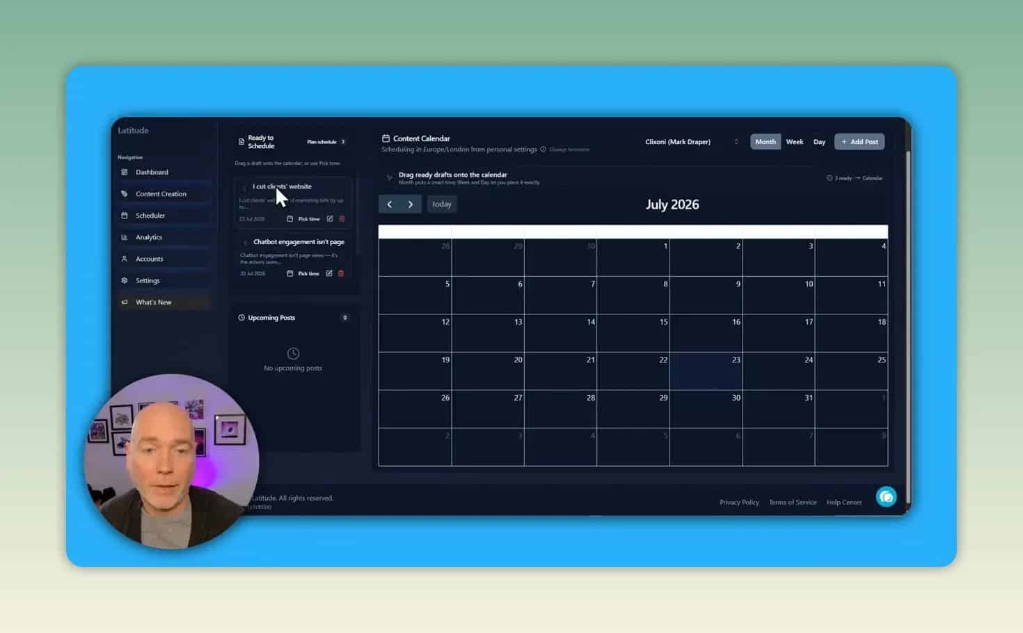 Latitude monthly content calendar with scheduled post area and account controls