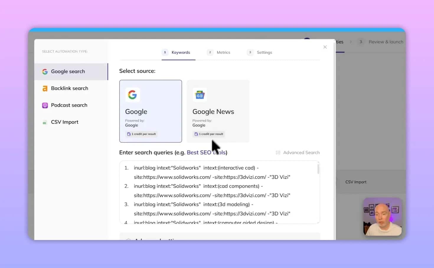 Source selection screen with Google, Google News, backlink search, podcast search, and CSV import options