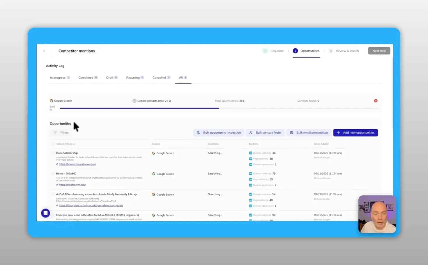 Opportunities table with source pages domain metrics and contact information columns
