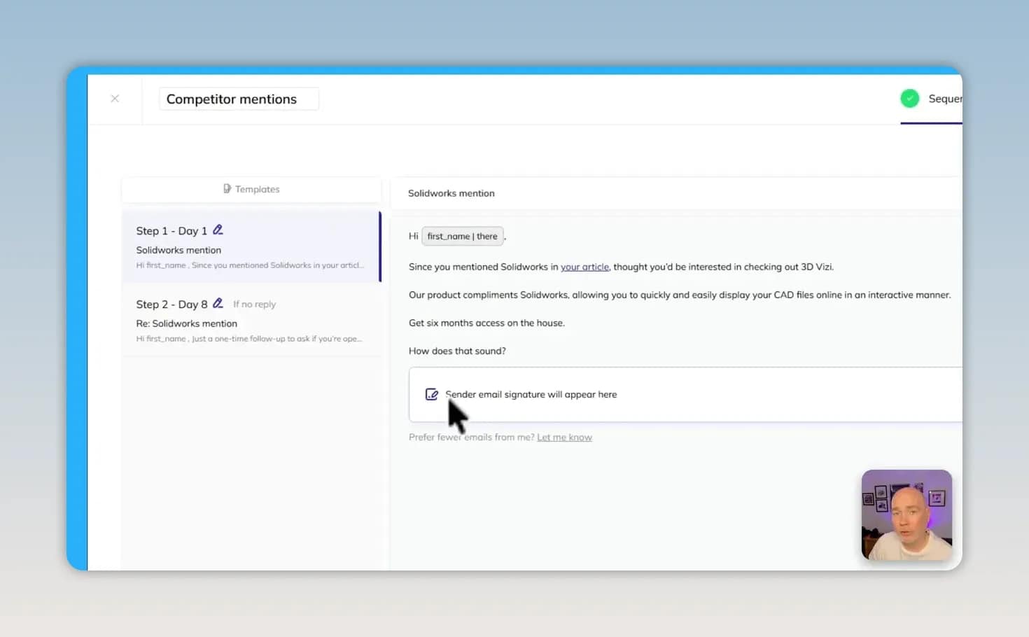 Email sequence screen showing day 1 and day 8 outreach steps for a competitor mentions campaign